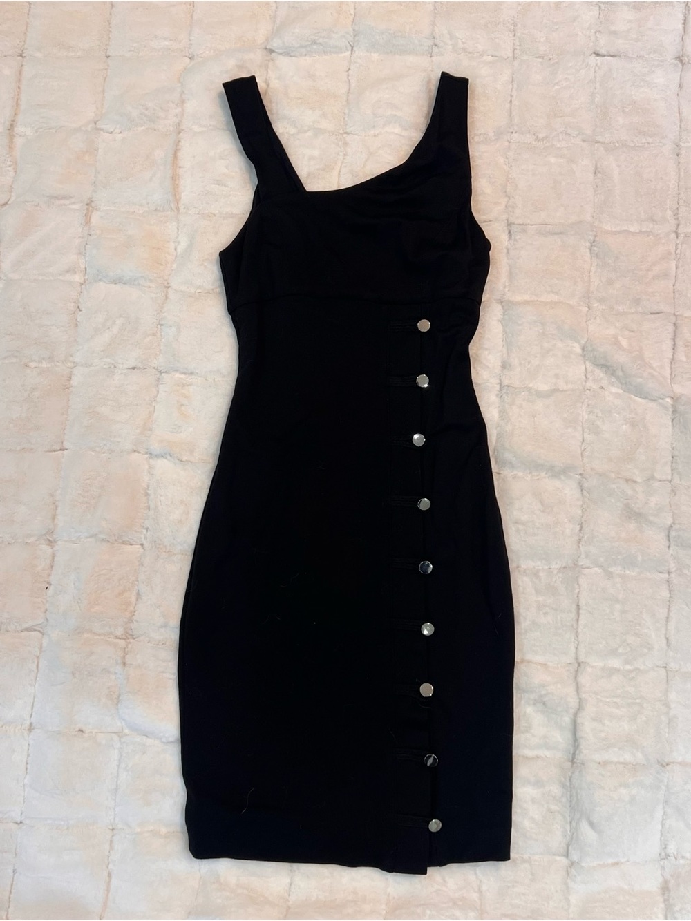 BEBE Black Button-Accent Bodycon Dress w Asymmetrical Straps
